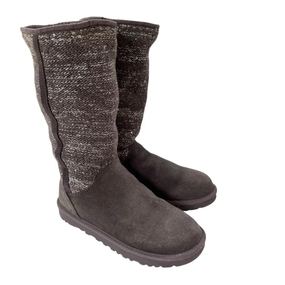 UGG Australia Camaya Leather Suede Sweater Boot Sequins Mid-Calf Gray Size 7